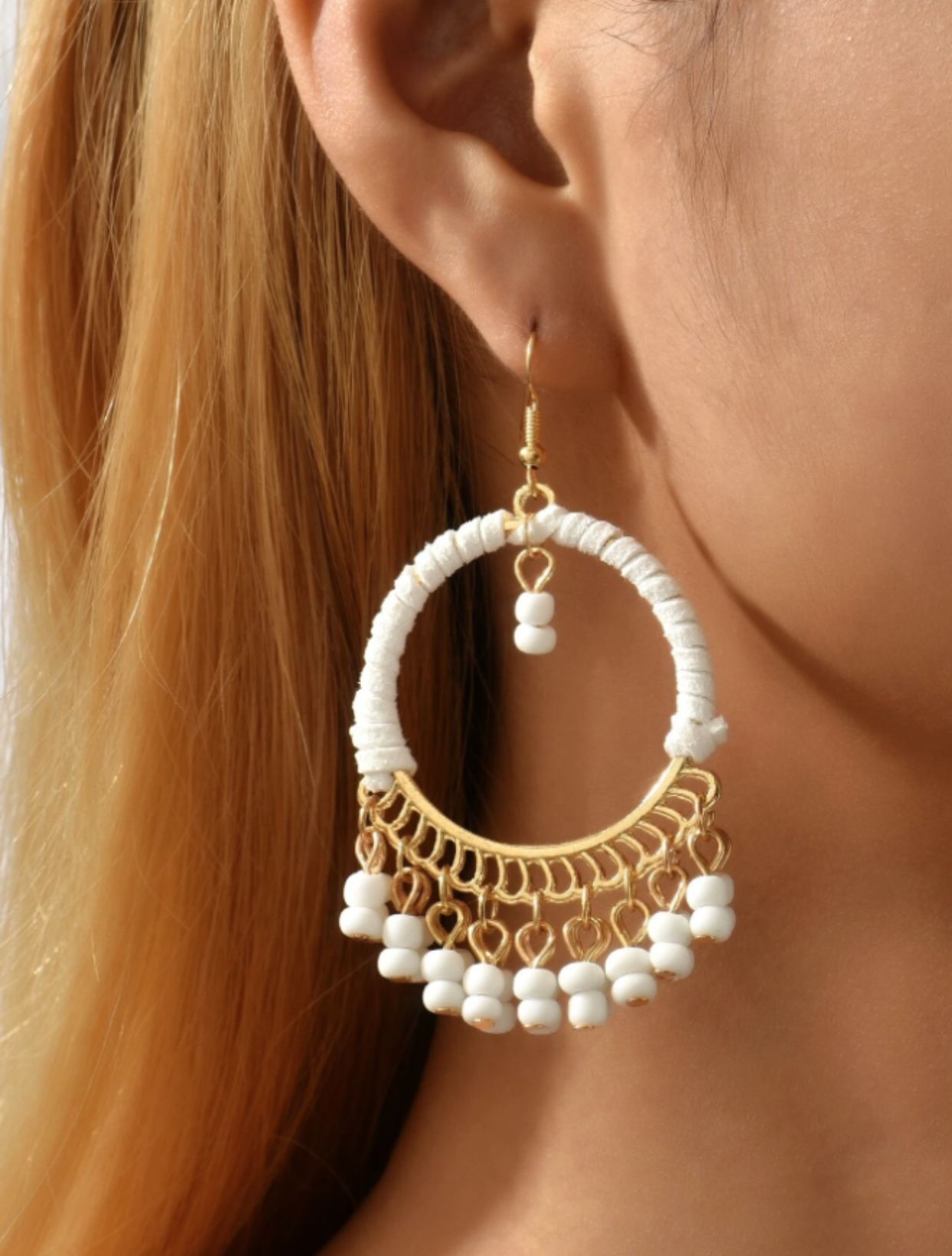 White and Gold Bead Tassel Drop Earrings
