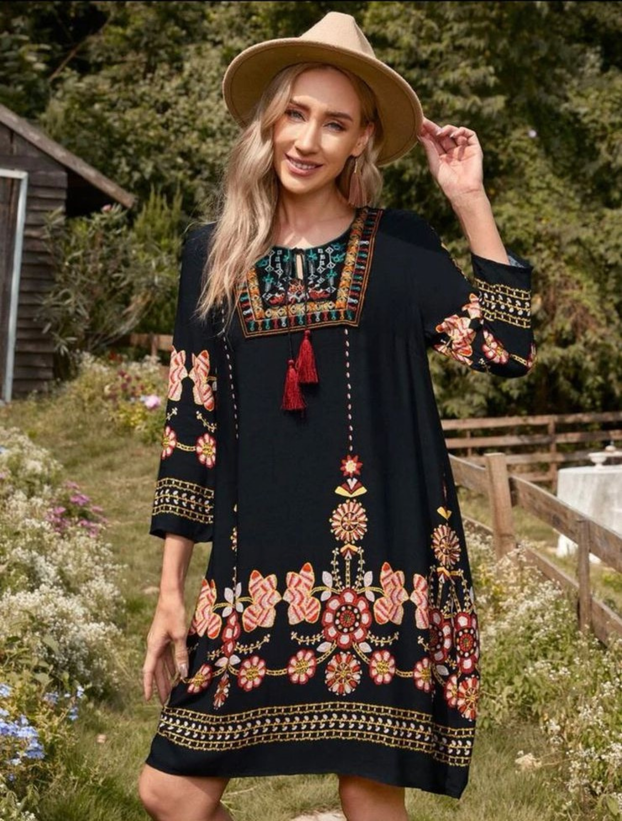 Embroidery Floral Navy Blue Dress