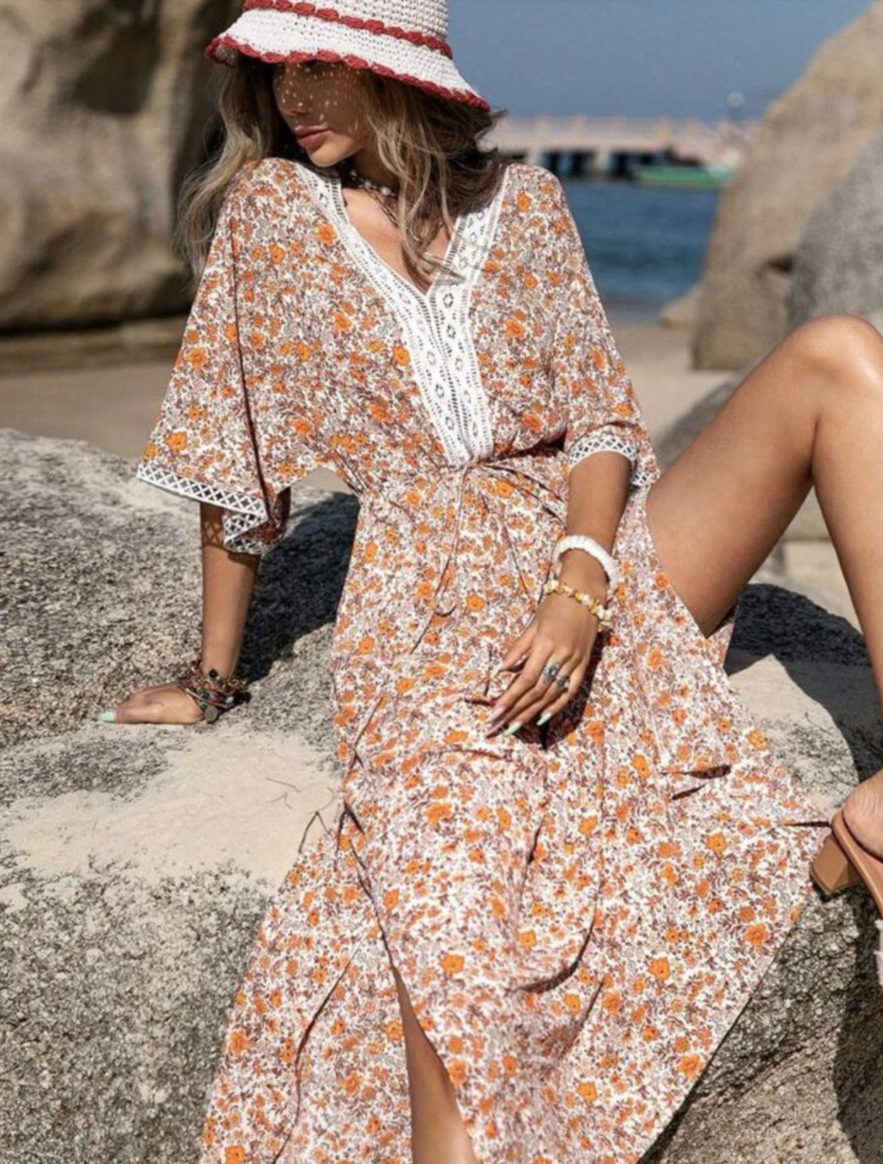 Floral Print Guipure Lace Batwing Sleeve Dress
