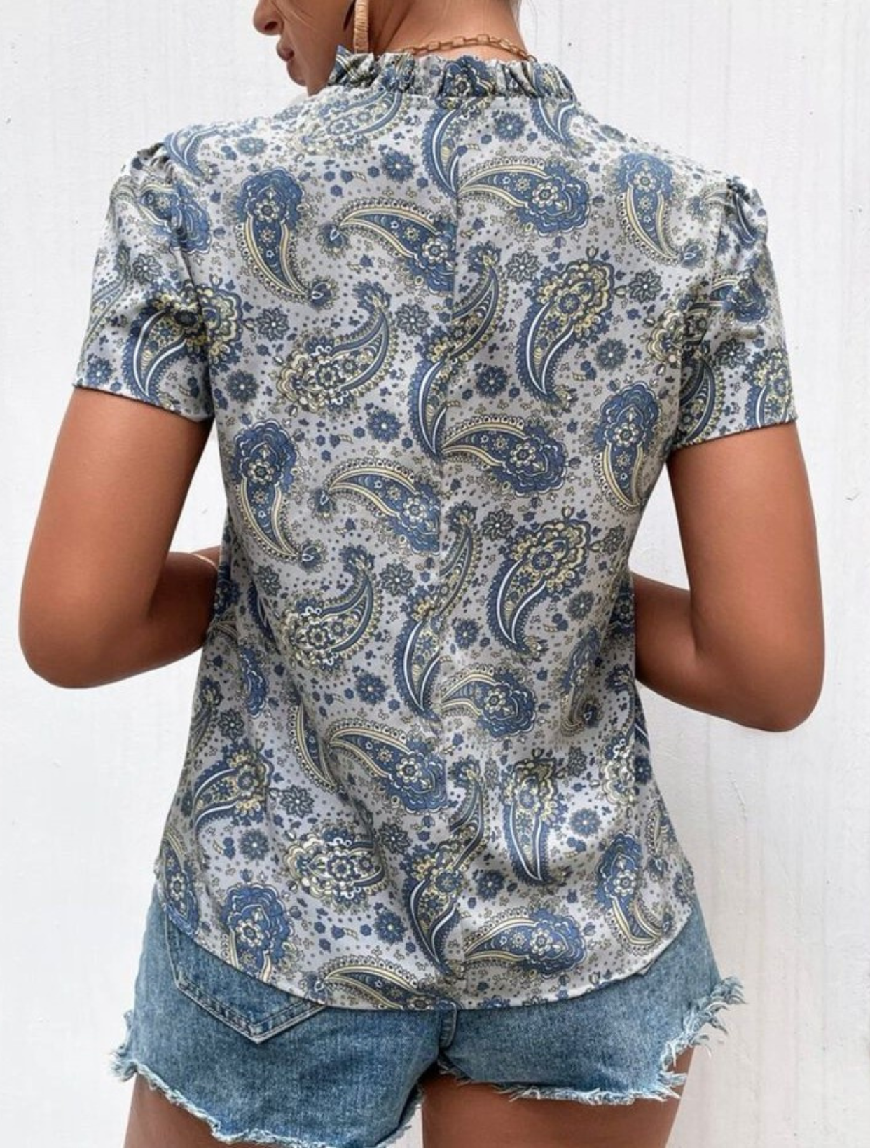 Paisley & Floral Print Notched Neck Blouse