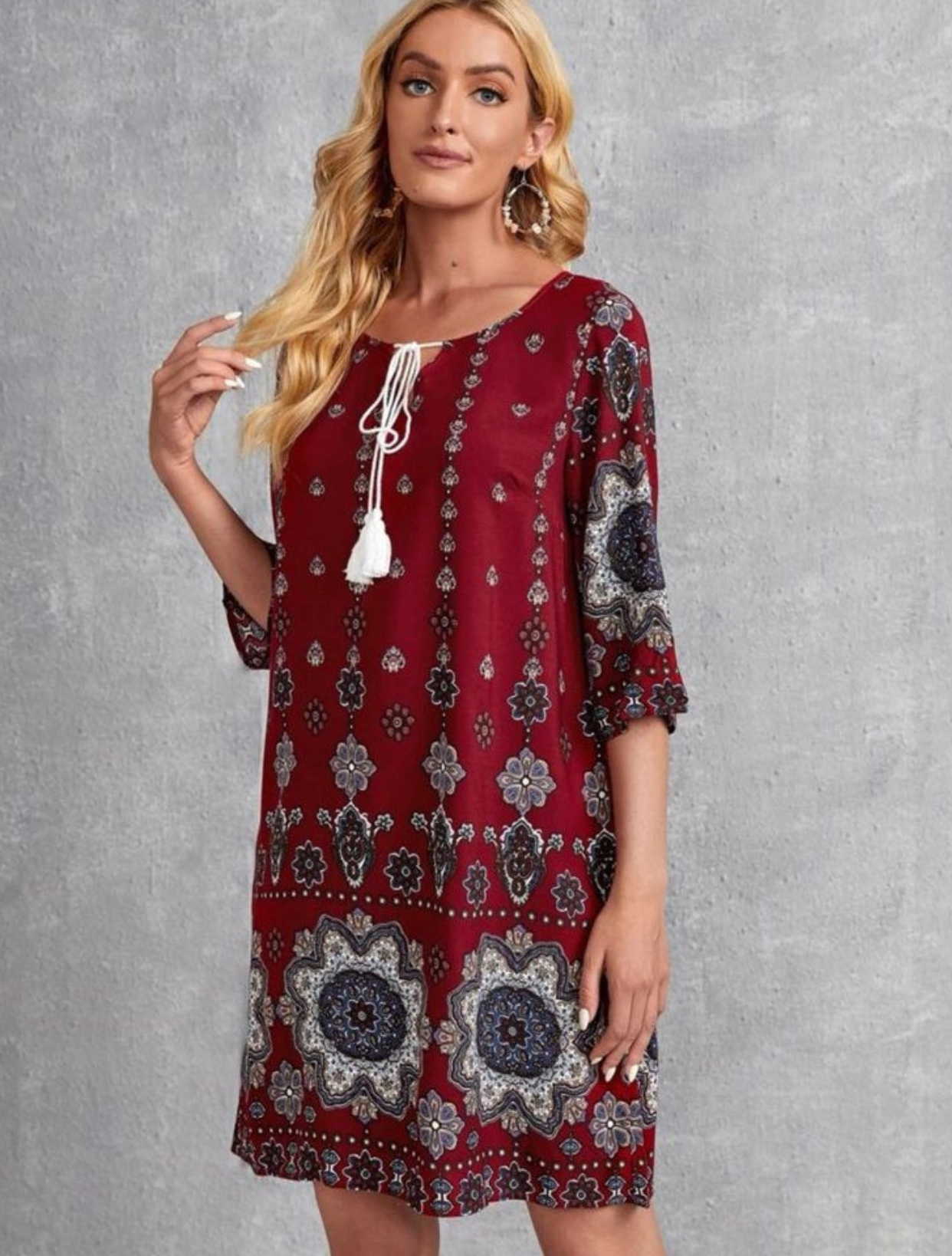 Mandala Print Tassel Tie Tunic Dress