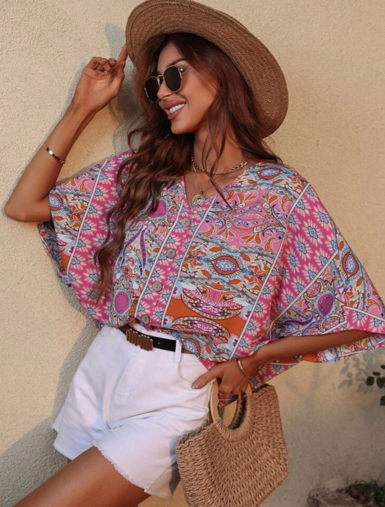 Pink Paisley Batwing Sleeve Blouse