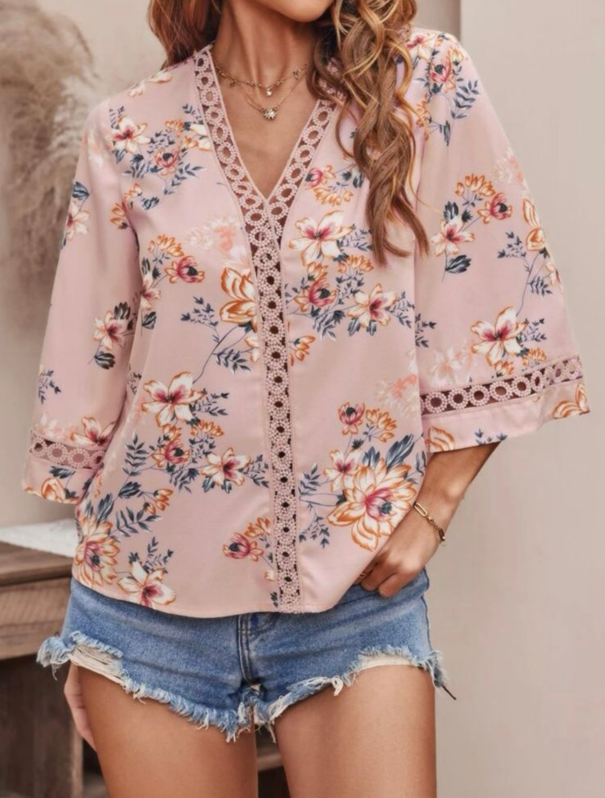 Blush Pink Guipure Lace Insert Trumpet Sleeve Blouse