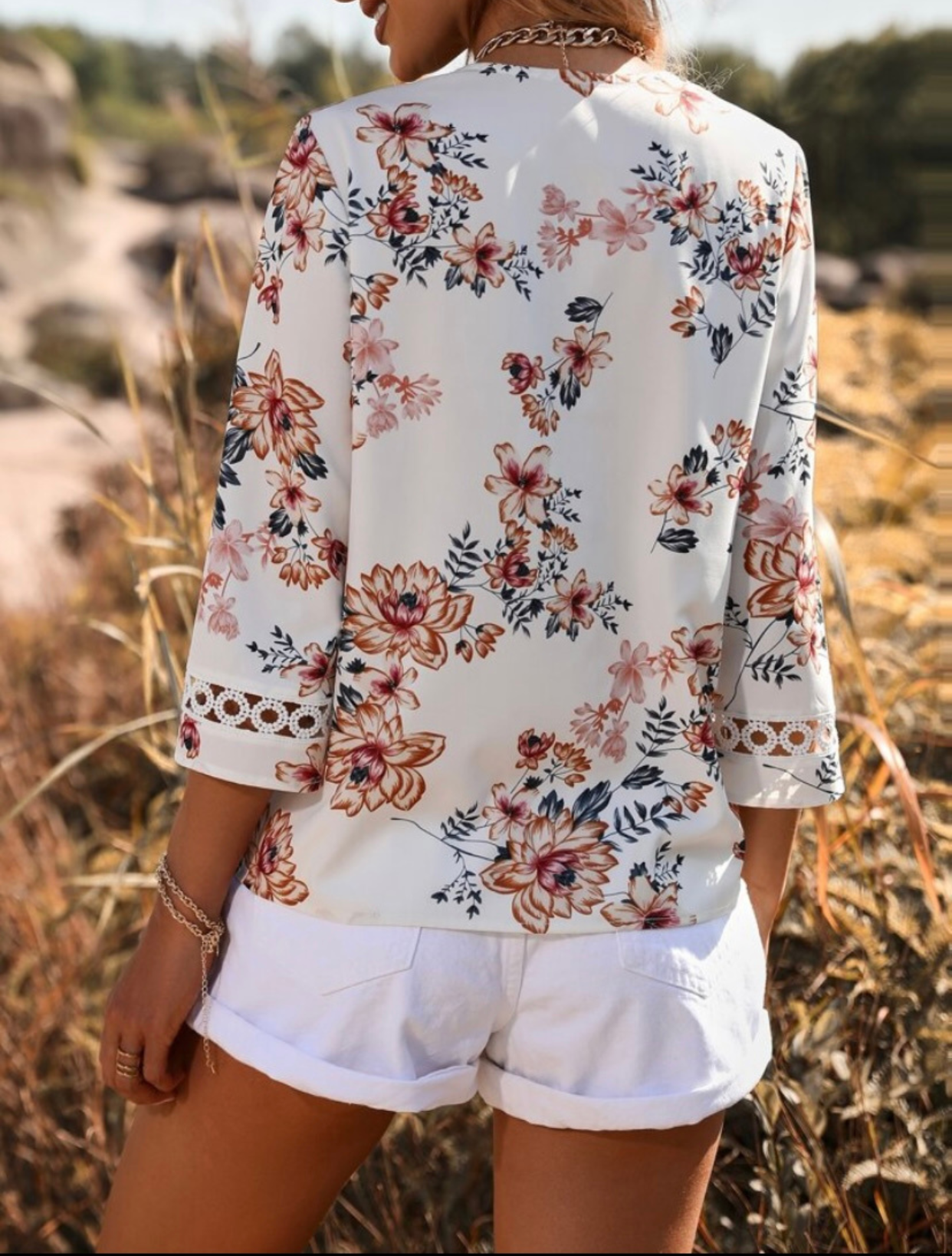 White Floral Guipure Lace Insert Trumpet Sleeve Blouse