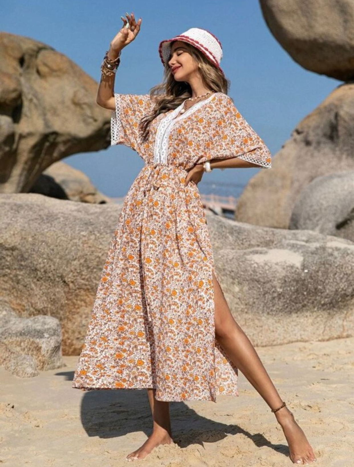 Floral Print Guipure Lace Batwing Sleeve Dress