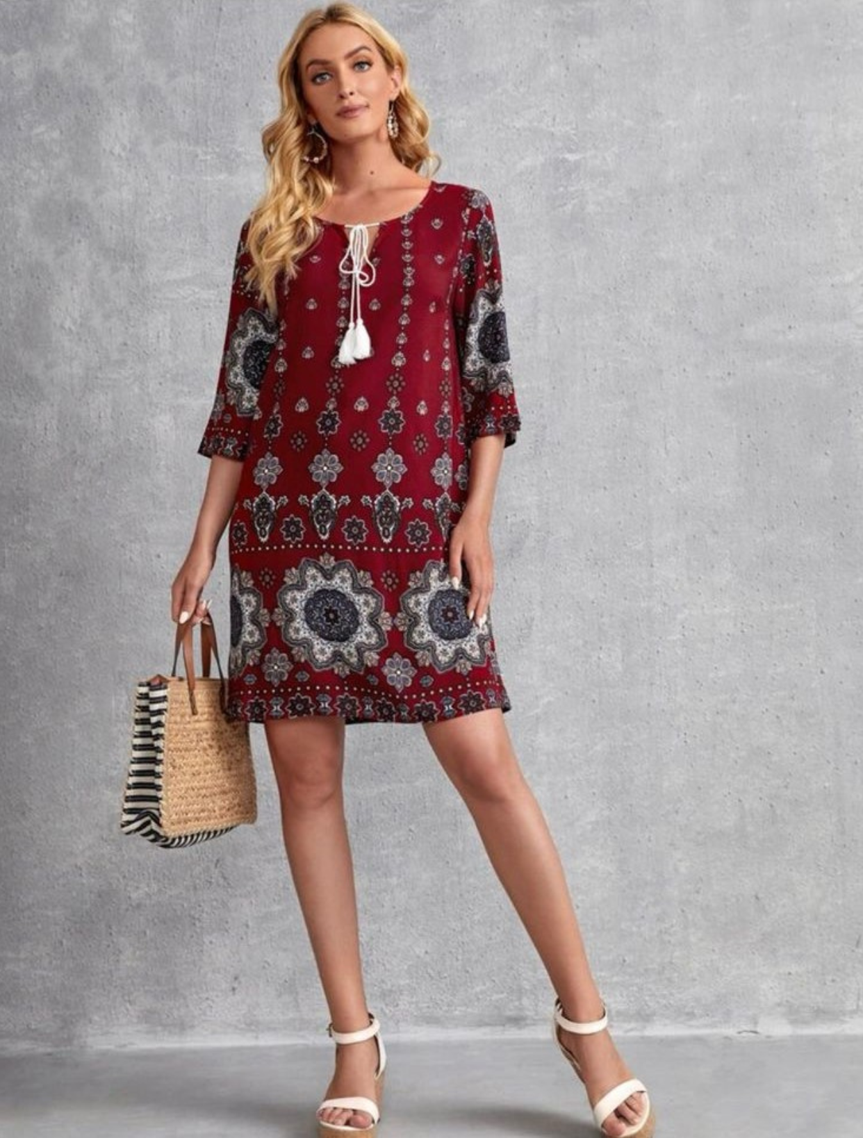 Mandala Print Tassel Tie Tunic Dress