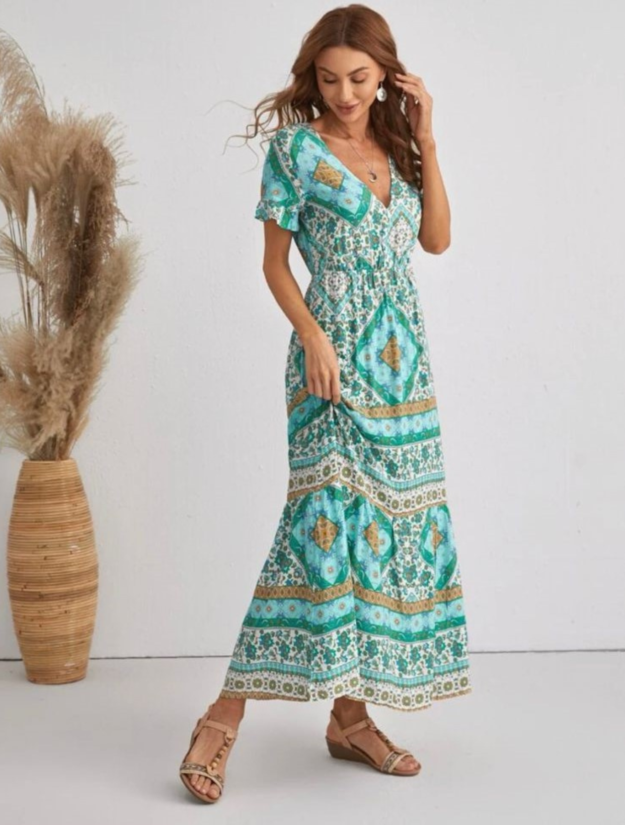 Floral and Argyle Turquoise Dress