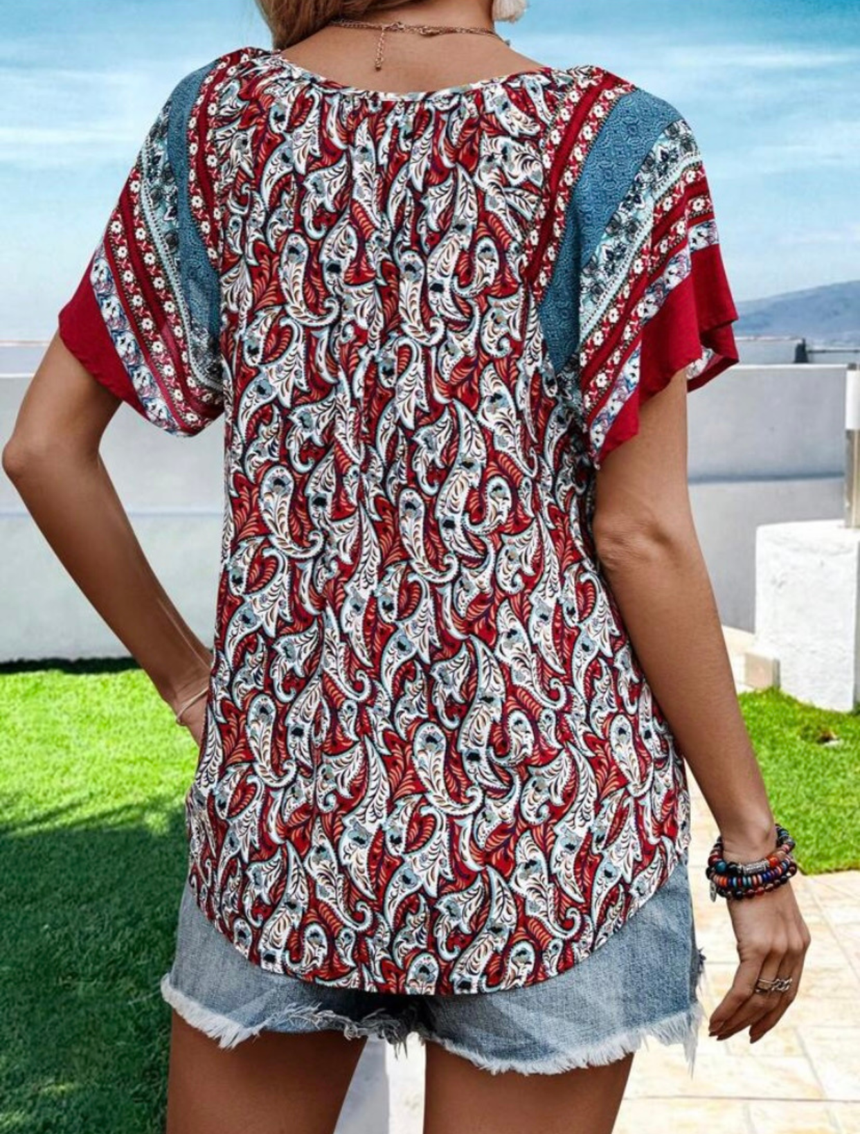 Paisley Print Butterfly Sleeve Blouse