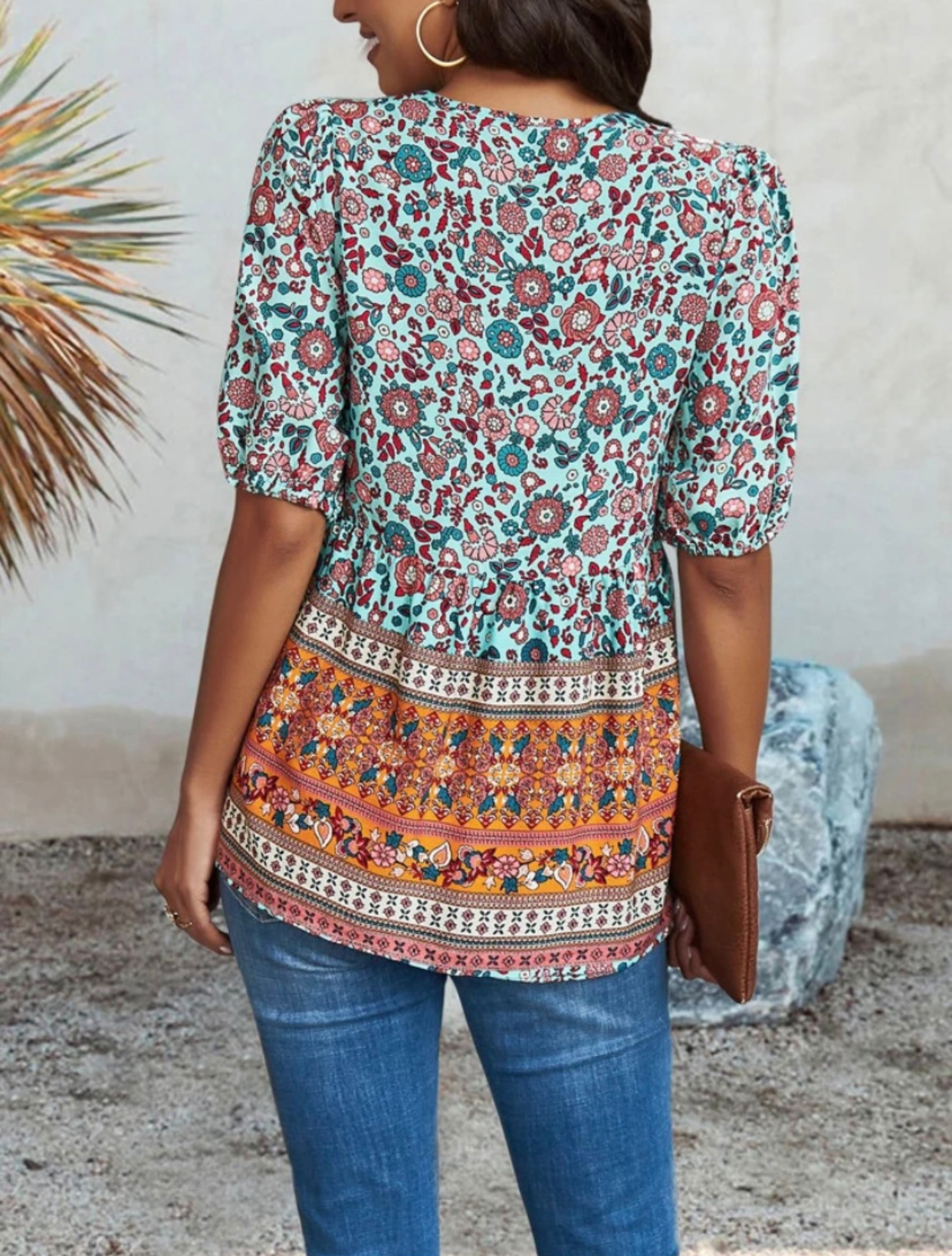 Floral Colorblock Peplum Sleeve Blouse