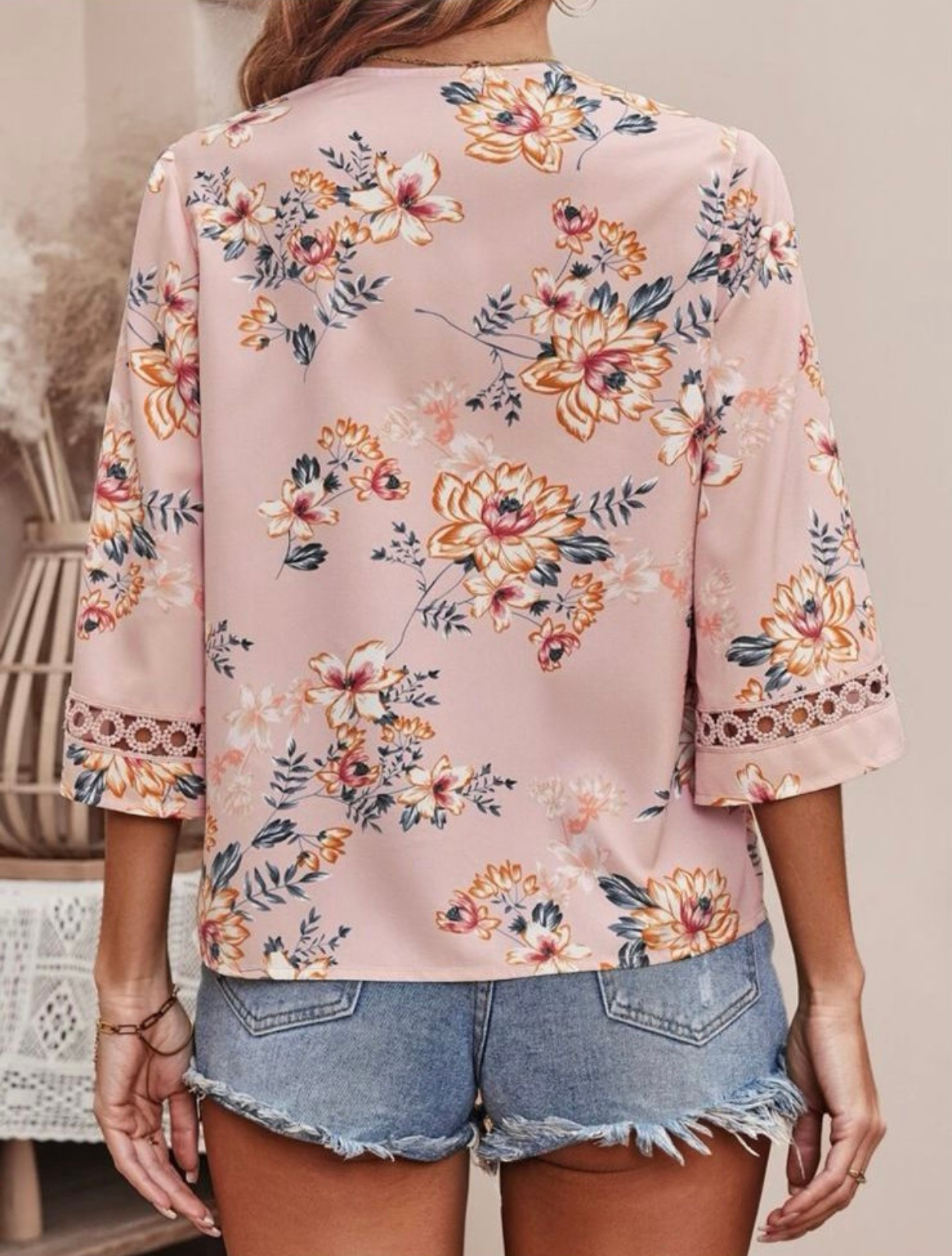 Blush Pink Guipure Lace Insert Trumpet Sleeve Blouse
