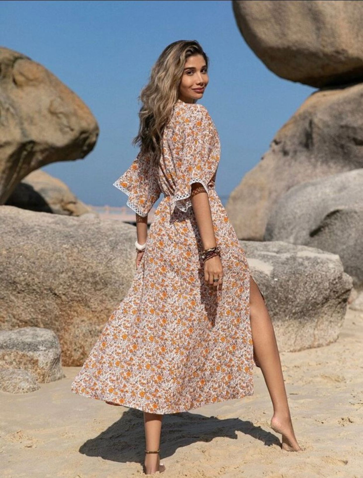 Floral Print Guipure Lace Batwing Sleeve Dress