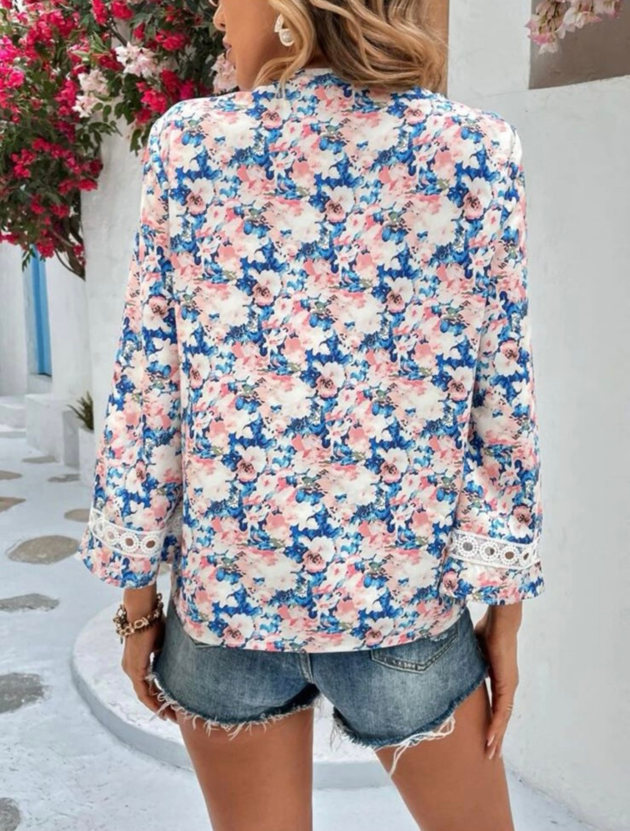 Blue and Pink Floral Guipure Lace Insert Blouse