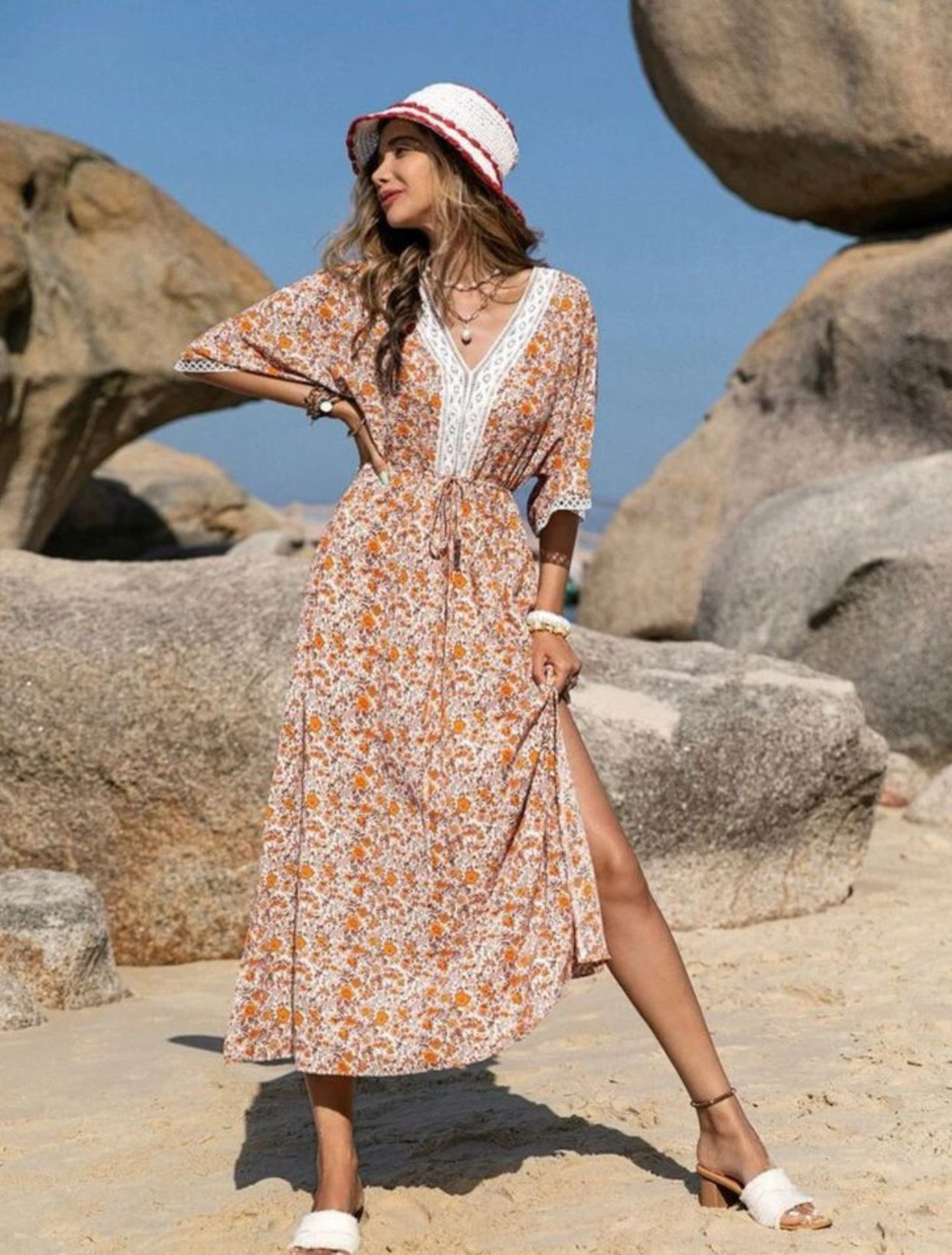 Floral Print Guipure Lace Batwing Sleeve Dress