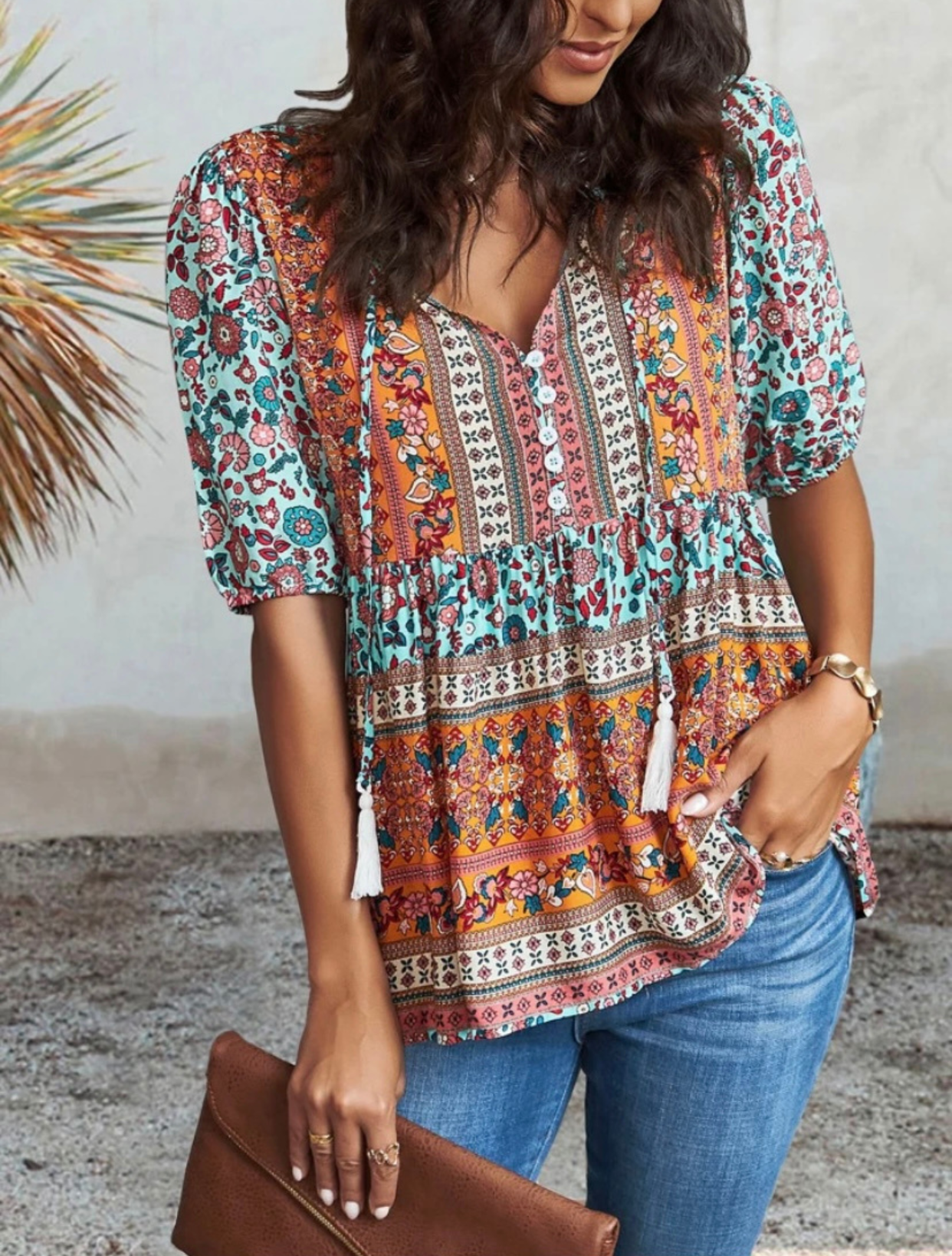 Floral Colorblock Peplum Sleeve Blouse