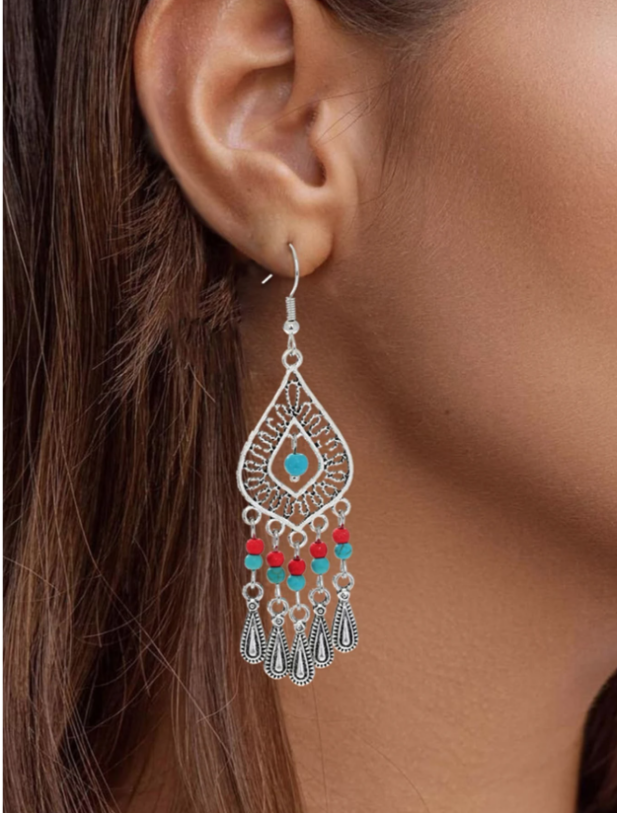 Turquoise & Red Decor Drop Earrings