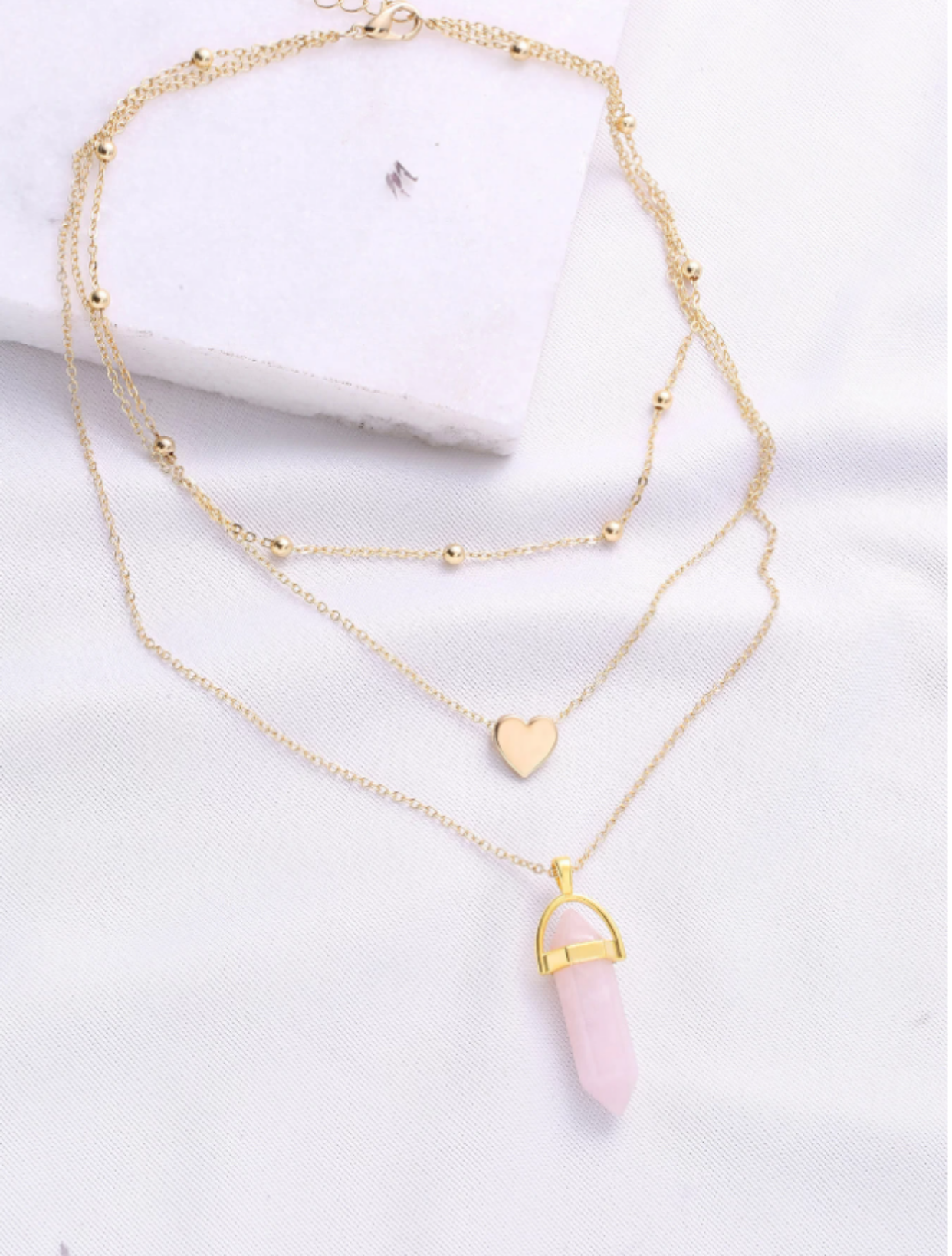 Gold Heart & Rose Pendant Layered Chain Necklace