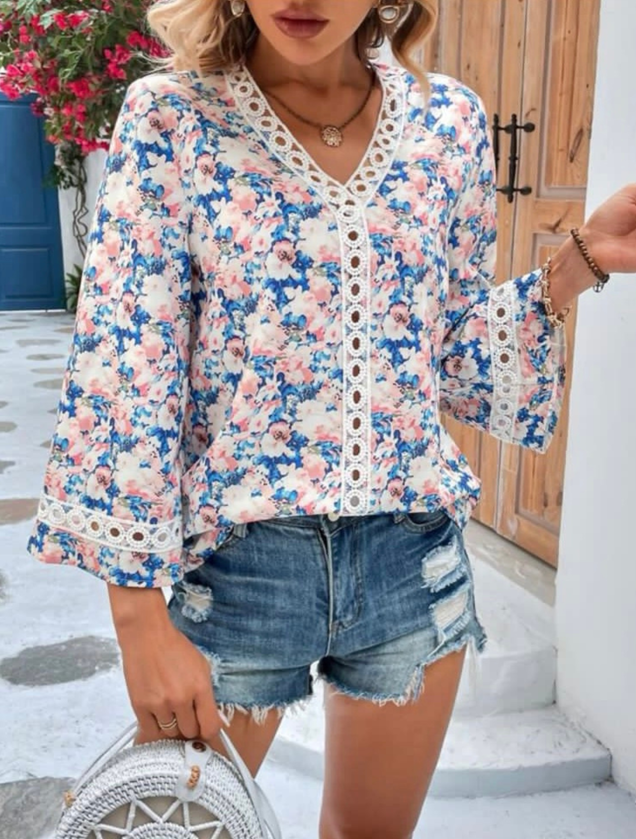 Blue and Pink Floral Guipure Lace Insert Blouse