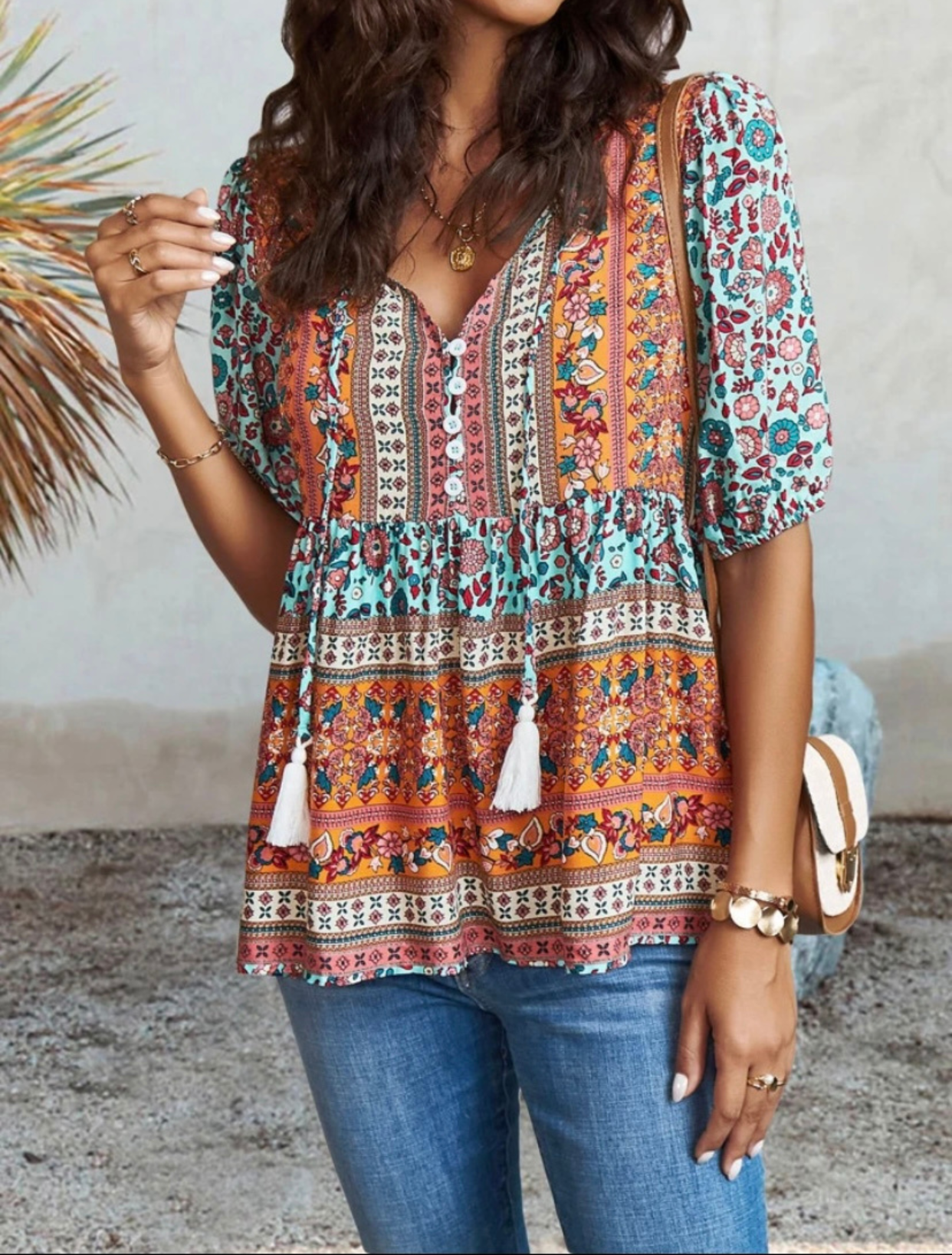 Floral Colorblock Peplum Sleeve Blouse