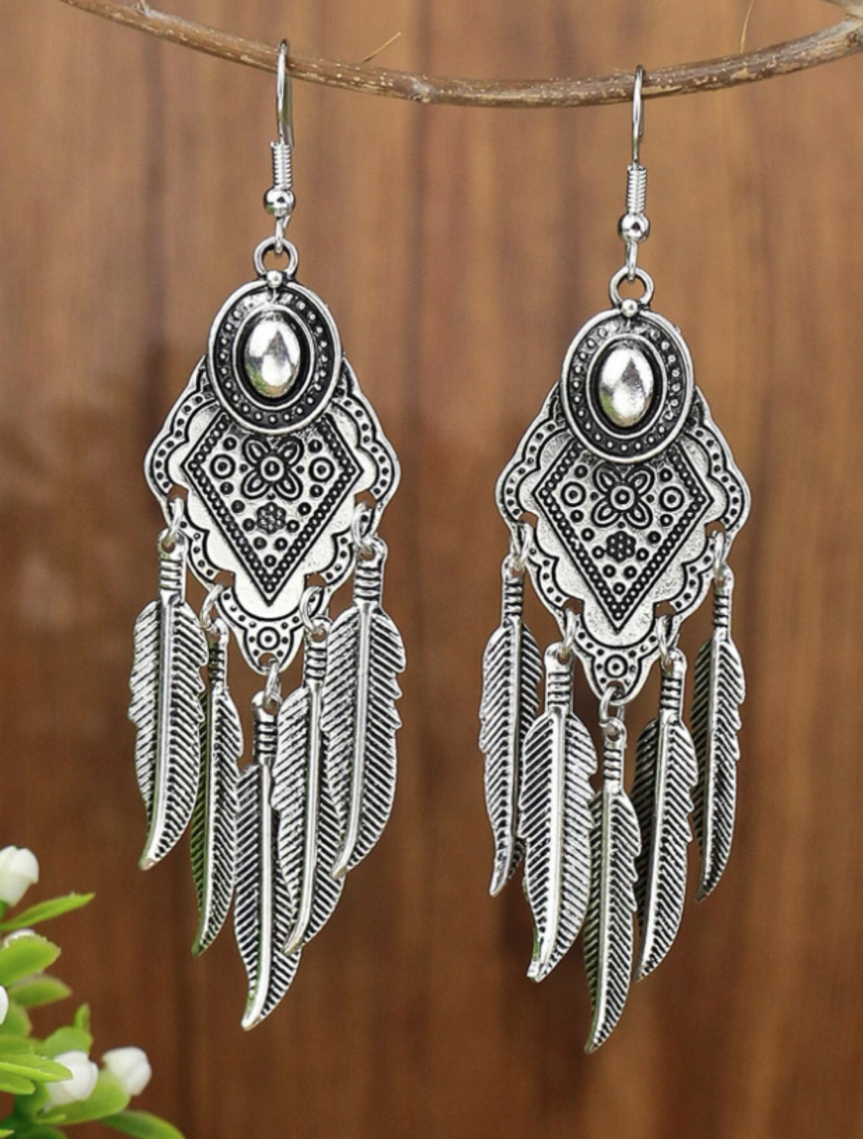 Silver Feather Tassel Drop Earrings