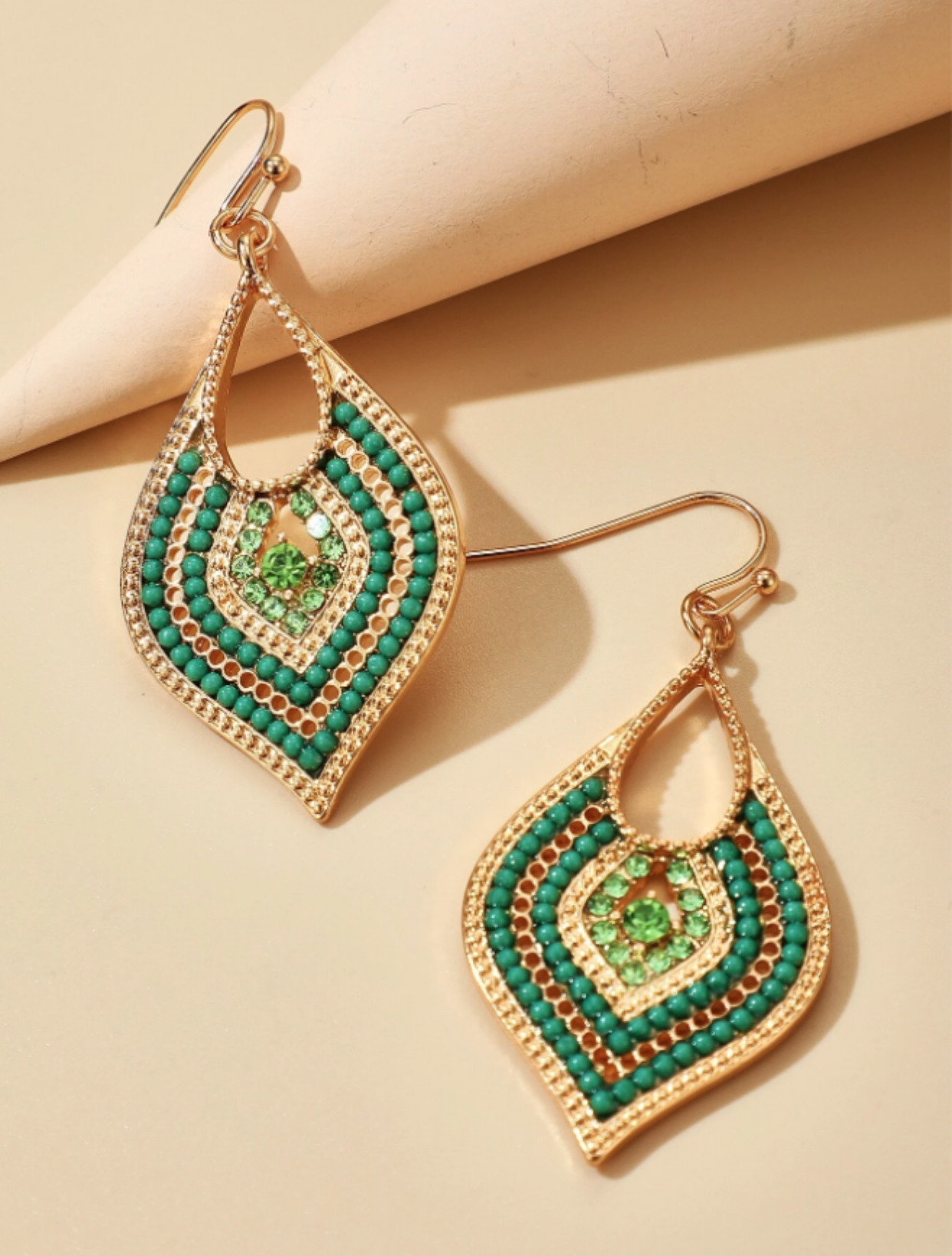 Green and Gold Rhinestone Bead Drop Earrings