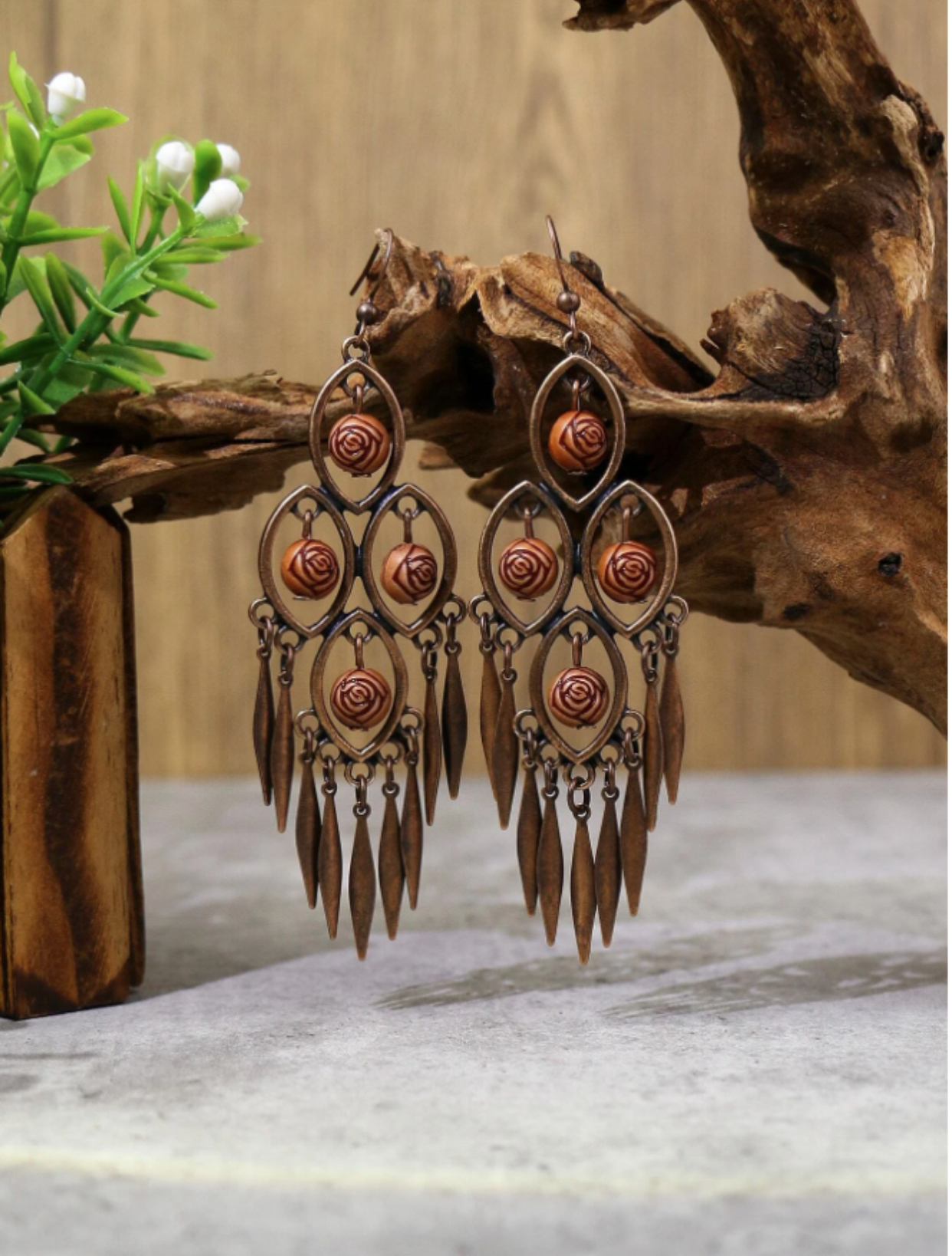 Brown & Bronze Geometric Tassel Drop Earrings
