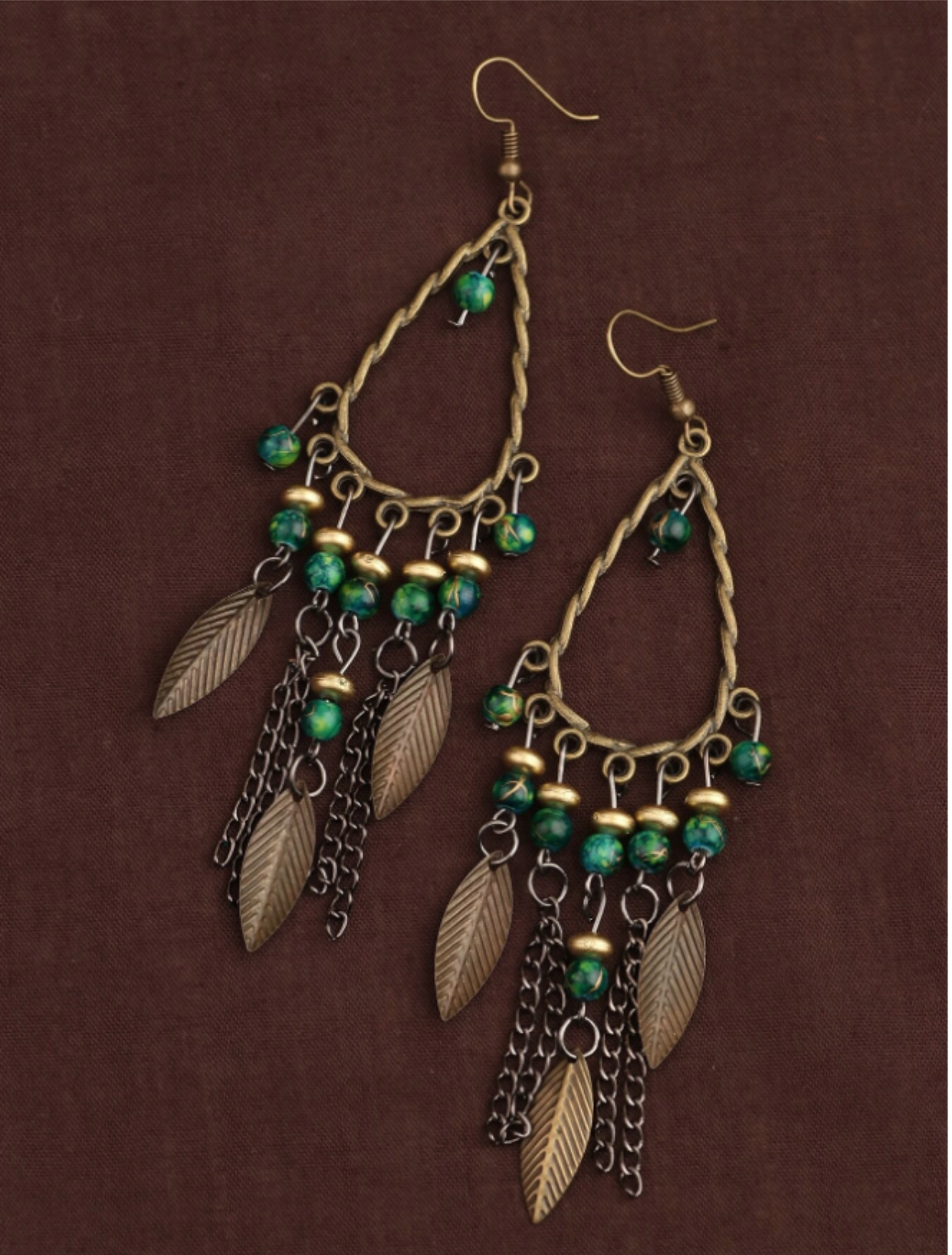 Bronze and Green Leaf & Chain Charm Earrings