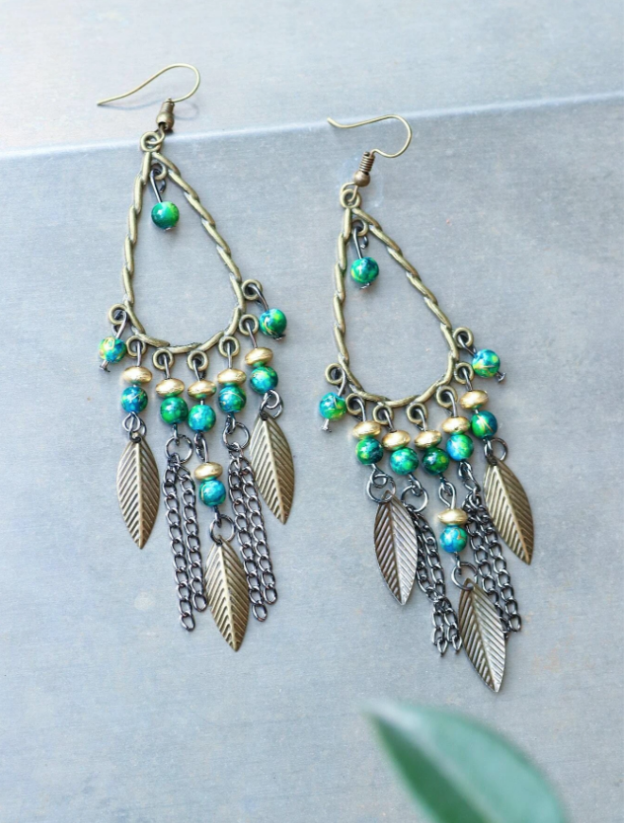 Bronze and Green Leaf & Chain Charm Earrings