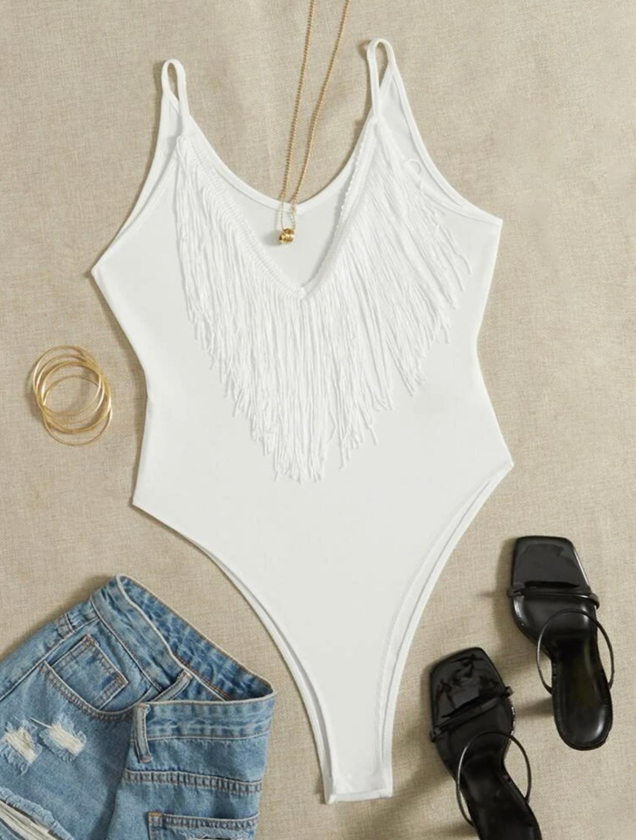 Fringe Trim Cami Bodysuit