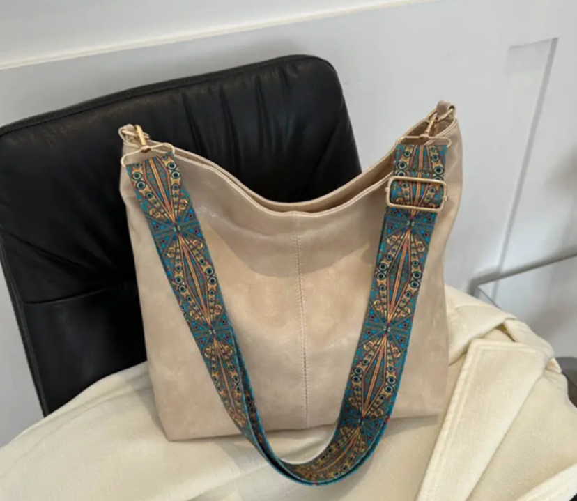 Beige Sling Bag with Adjustable Embroidery Strap