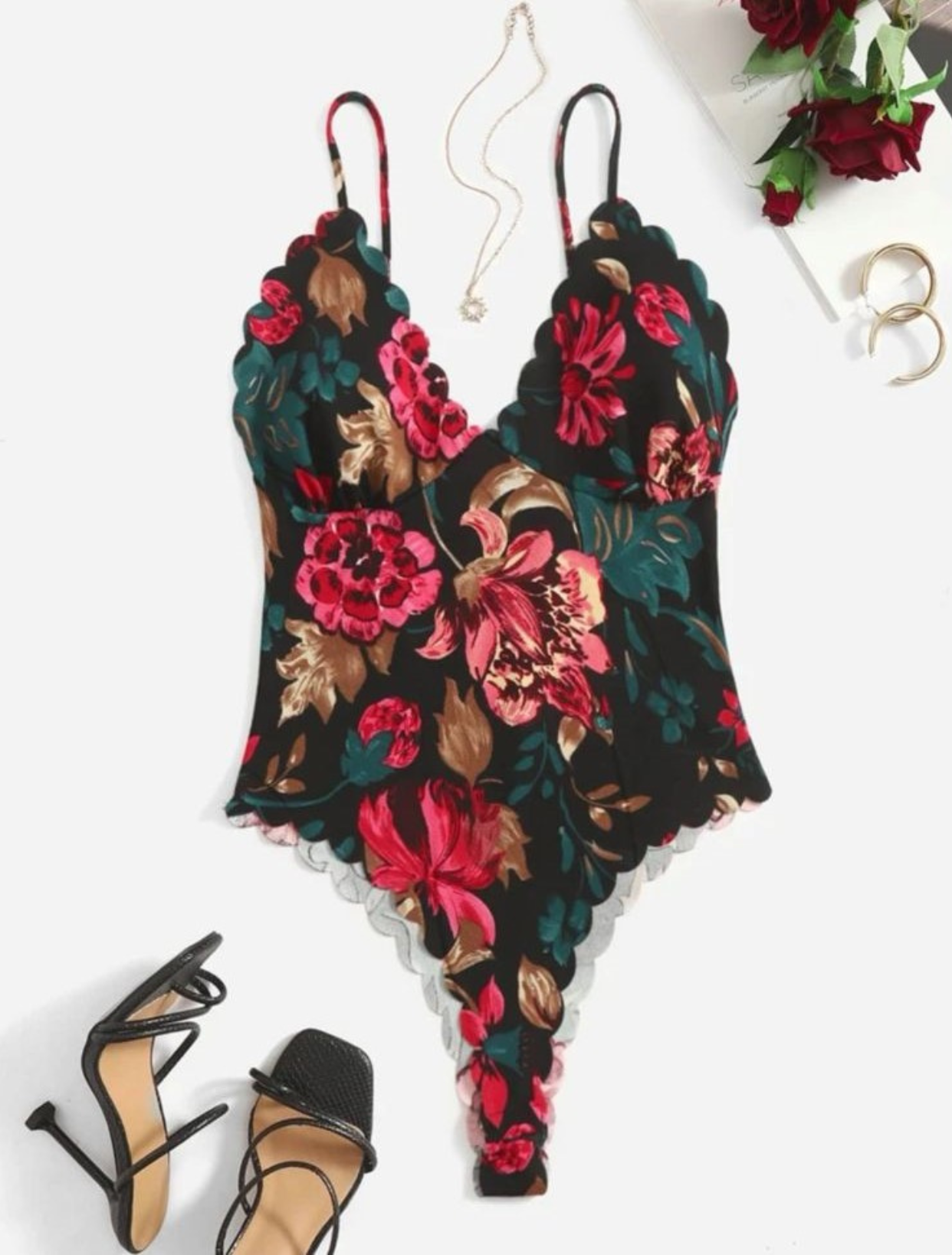 Plus Floral Print Scallop Trim Cami Top