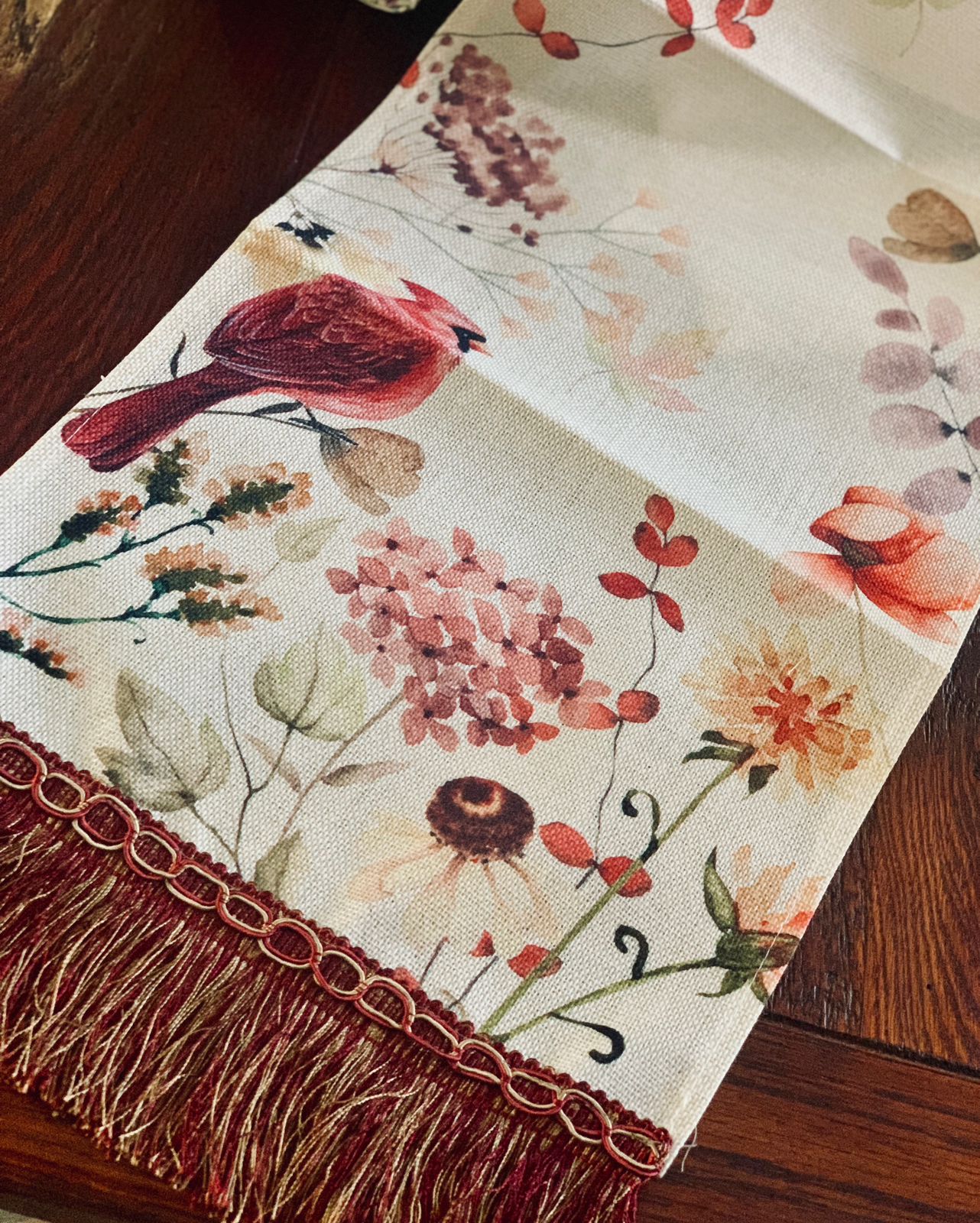 Eucalyptus Fall Leaves and Birds in Shades of Red Table Runner