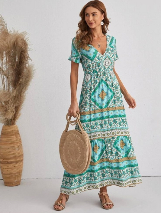 Floral and Argyle Turquoise Dress
