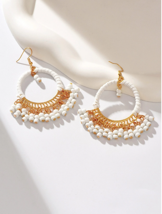 White and Gold Bead Tassel Drop Earrings