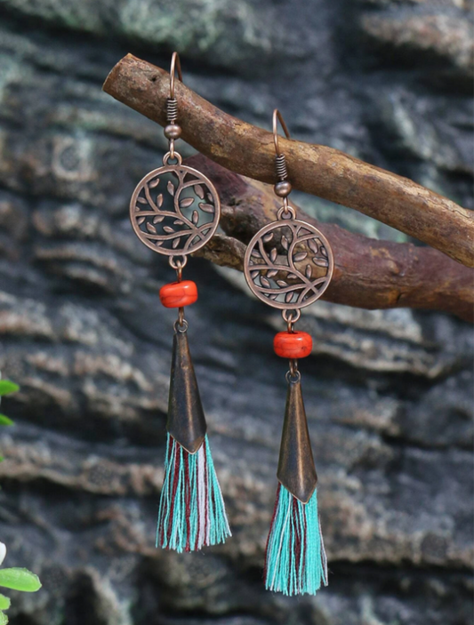 Red, Bronze & Turquoise Tassel Decor Drop Earrings