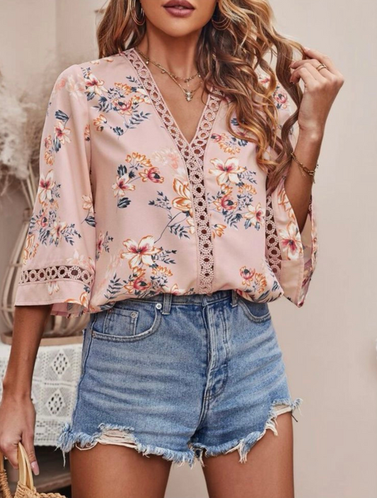Blush Pink Guipure Lace Insert Trumpet Sleeve Blouse