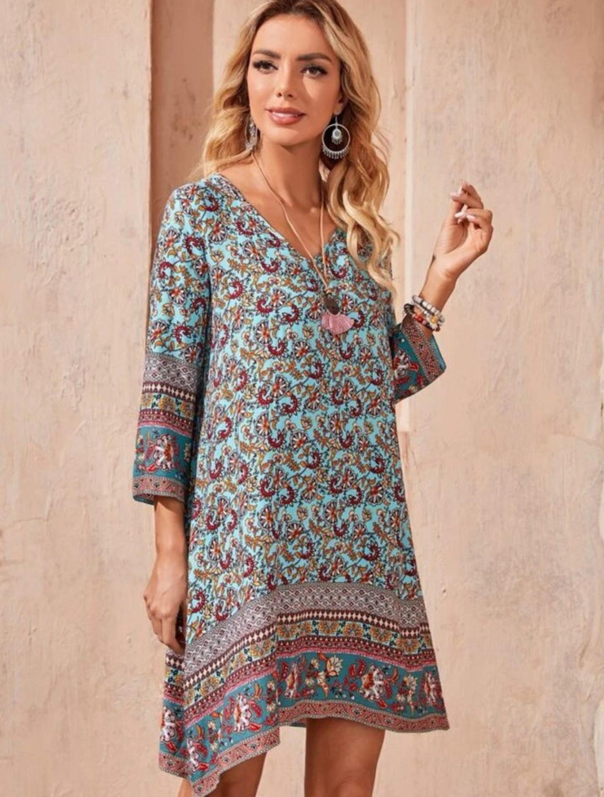 Floral V Neck Tunic Dress