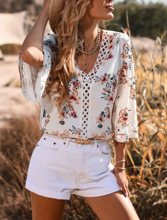 White Floral Guipure Lace Insert Trumpet Sleeve Blouse
