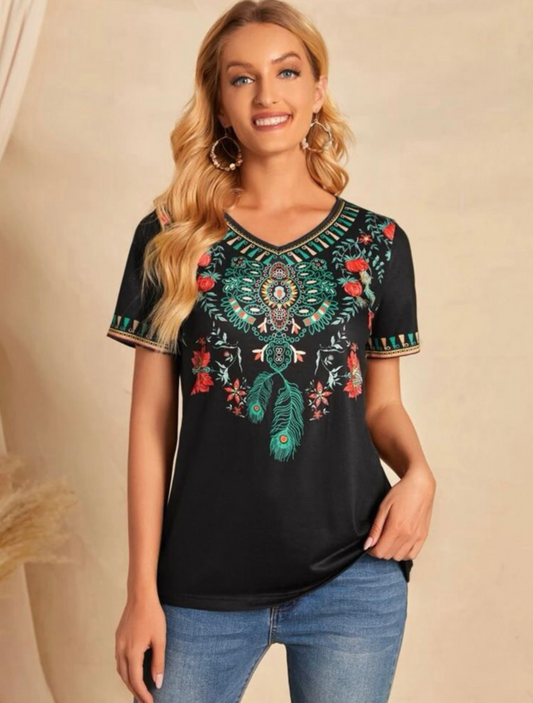 Black Floral Print V Neck Top