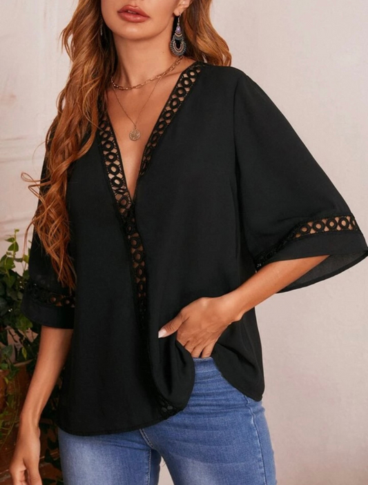 Black Plunging Neck Guipure Lace Insert Top