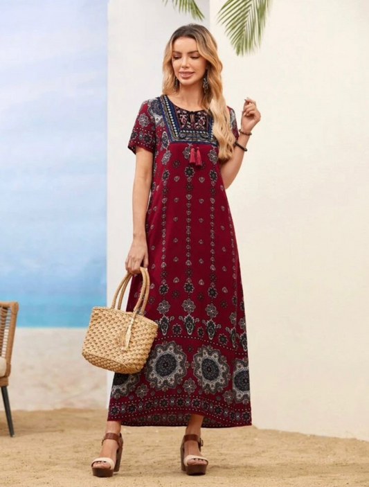 Red and black Floral & Geo Print Tunic Dress