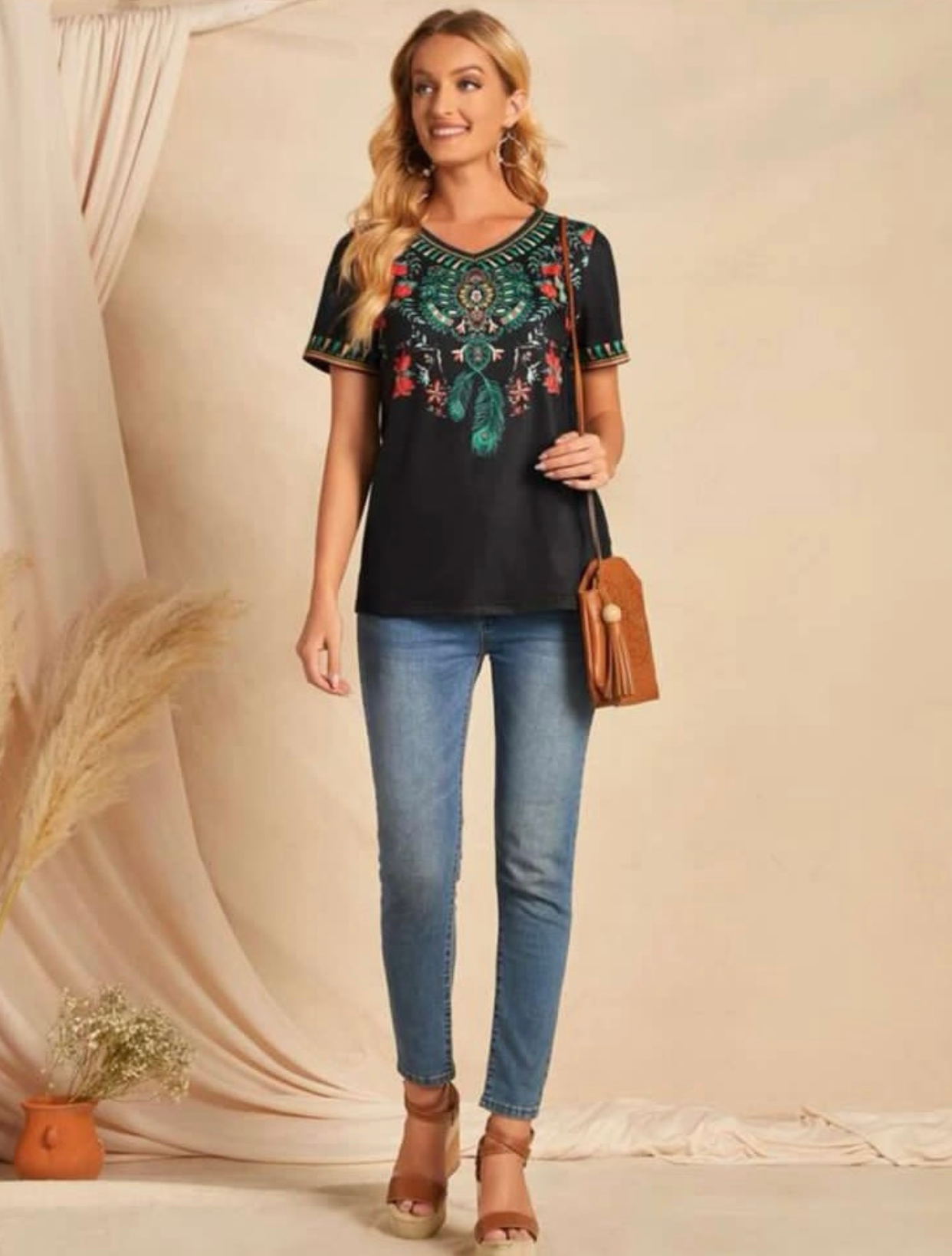 Black Floral Print V Neck Top