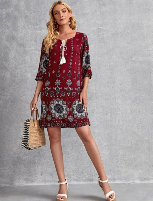 Mandala Print Tassel Tie Tunic Dress
