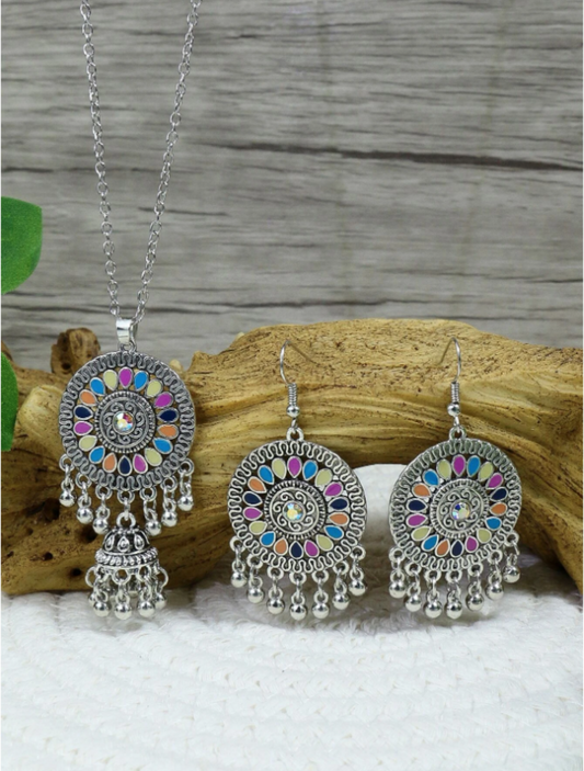 Bead Tassel Decor Jhumka Drop Earrings & Necklace