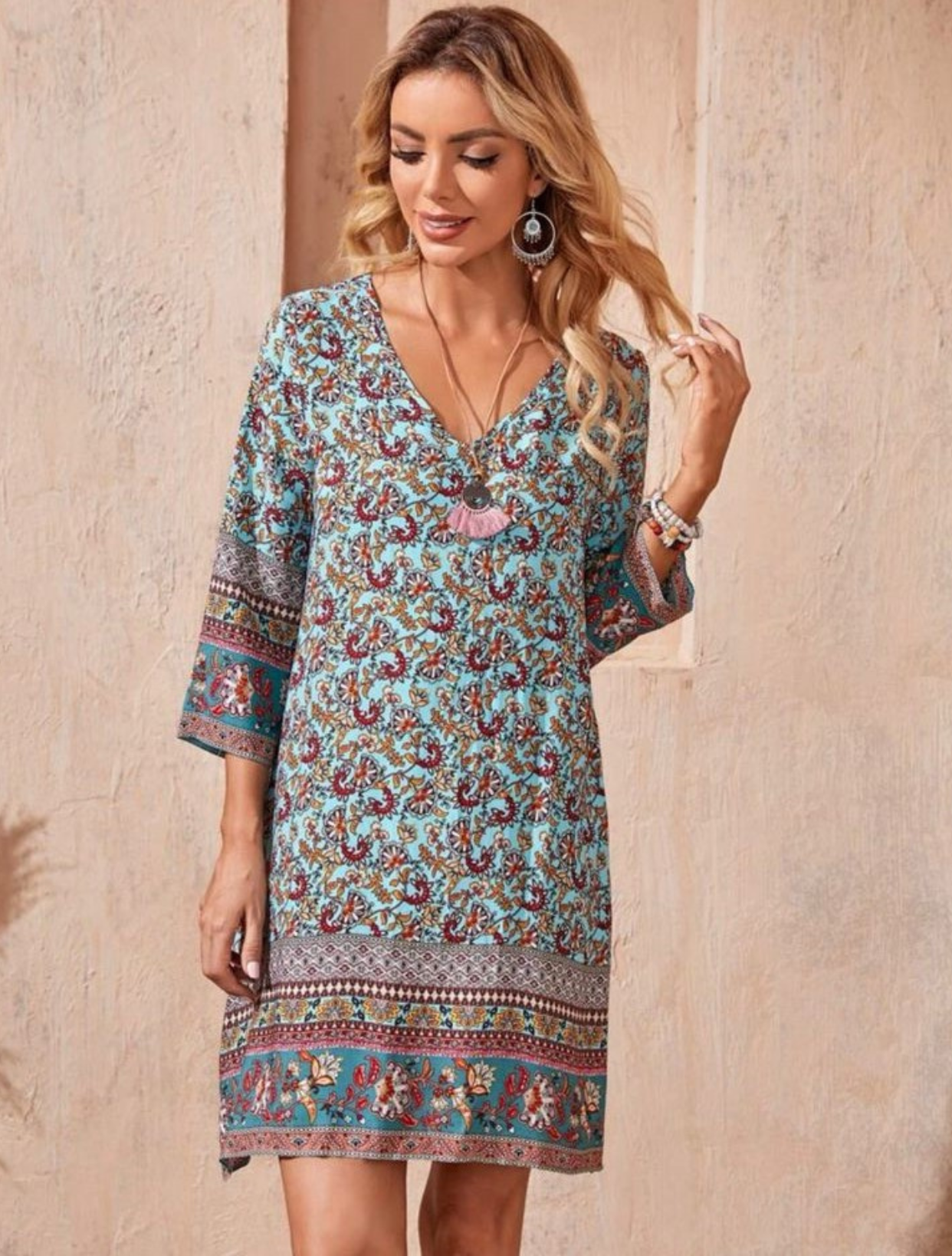 Floral V Neck Tunic Dress
