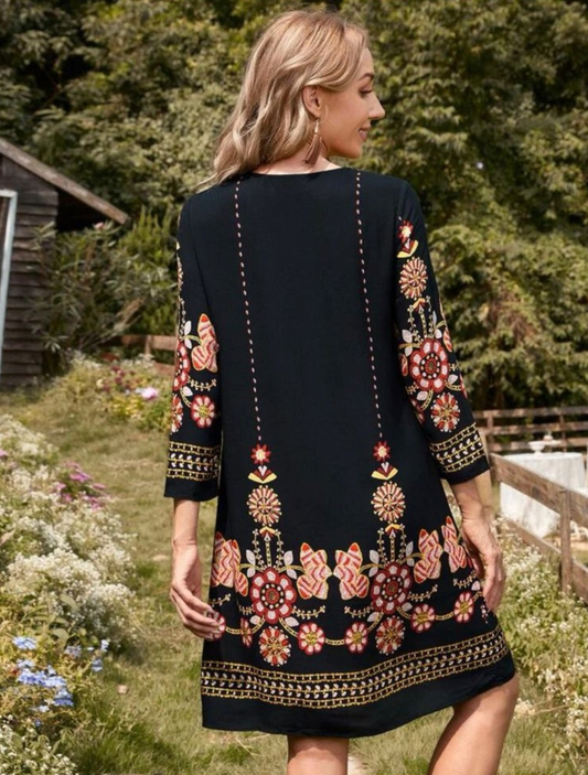 Embroidery Floral Navy Blue Dress