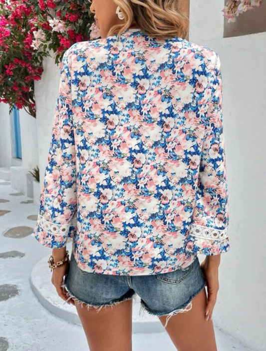 Blue and Pink Floral Guipure Lace Insert Blouse