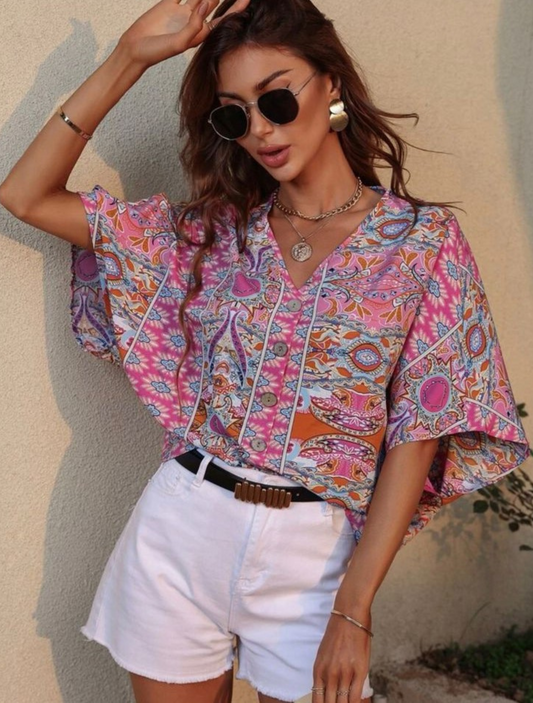 Pink Paisley Batwing Sleeve Blouse