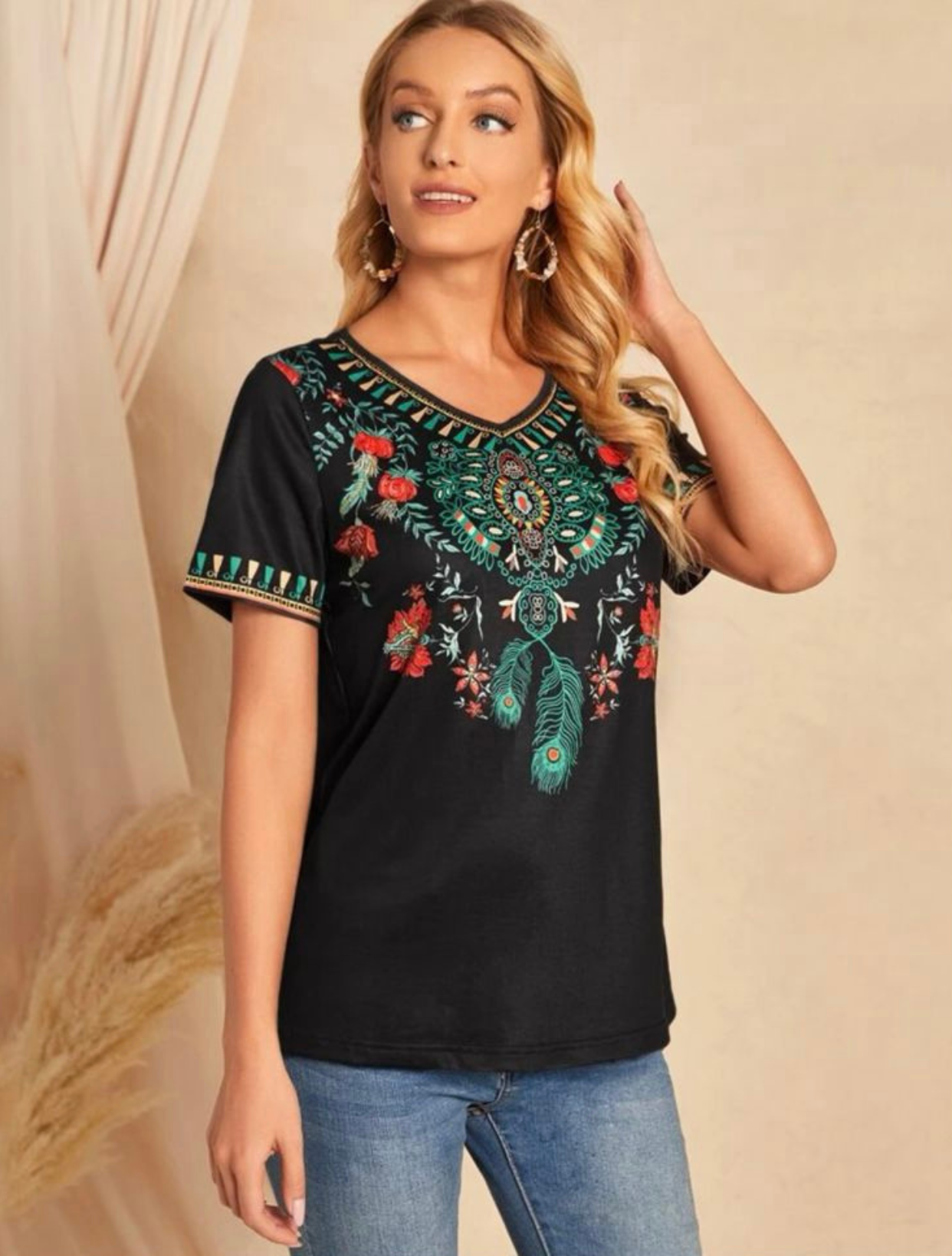 Black Floral Print V Neck Top