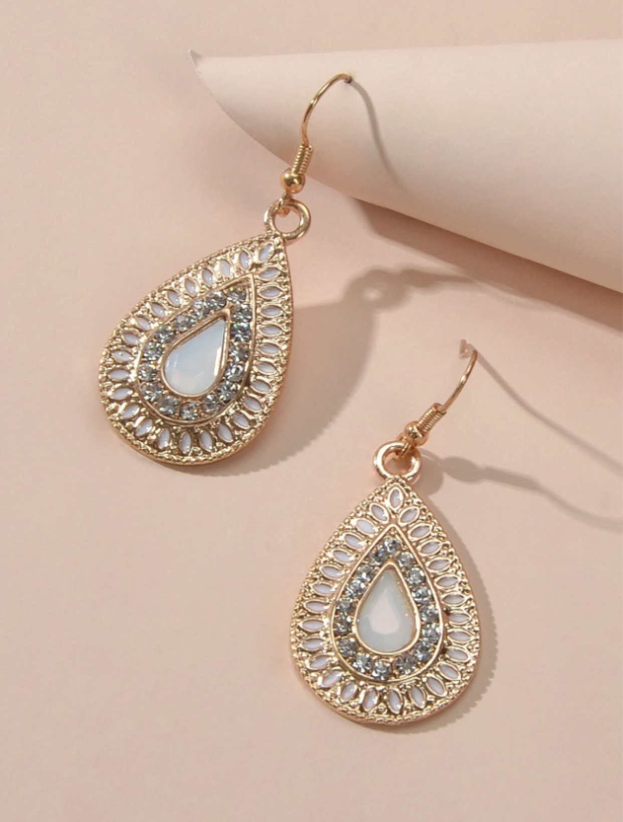 Crystal White & Gold Water Drop Earrings