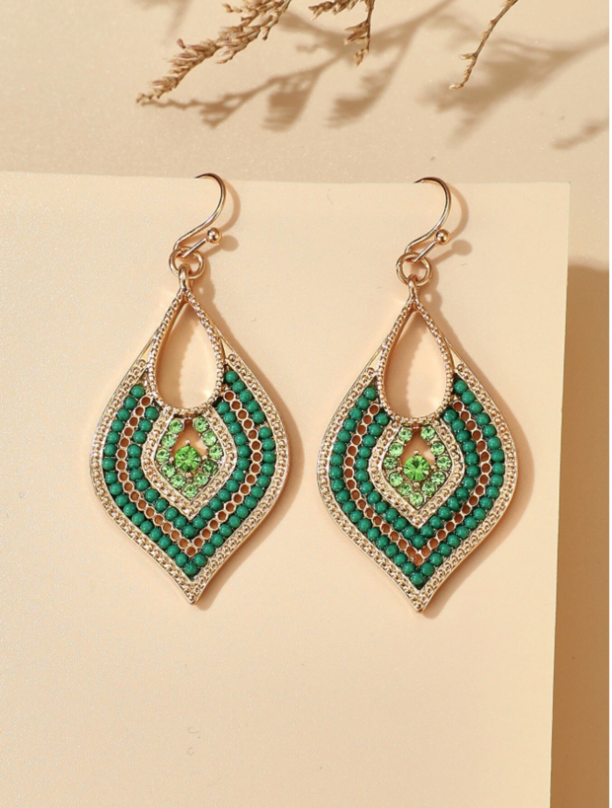 Green and Gold Rhinestone Bead Drop Earrings